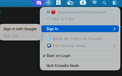 Crowdio macOS tray menu showing account, connection status, routing, exit country, bandwidth, and quit controls